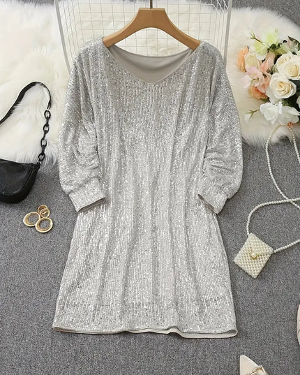 Women's Cuffed Sleeve Off-Shoulder Sequin Dress