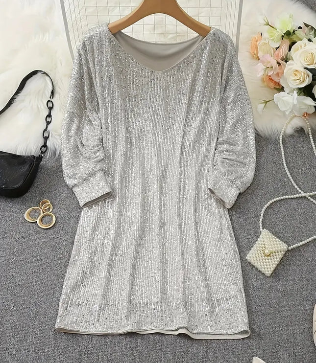 Women's Cuffed Sleeve Off-Shoulder Sequin Dress