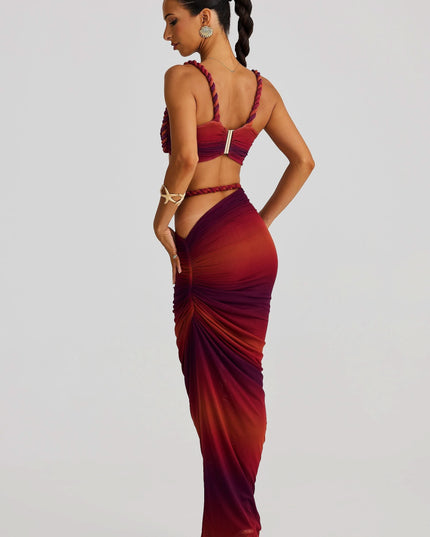 Red ombre ruched maxi skirt with rope waist from back