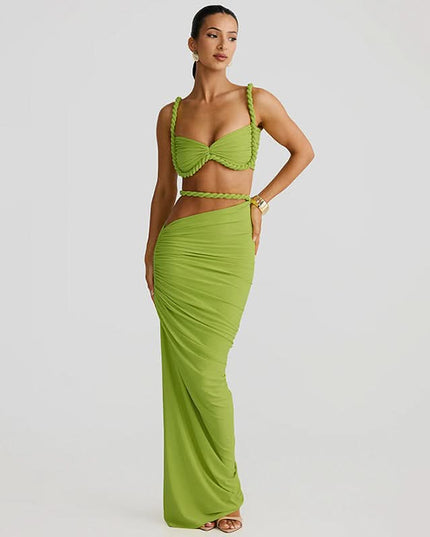 Lime green cutout sweetheart maxi dress with rope trim and ruched skirt
