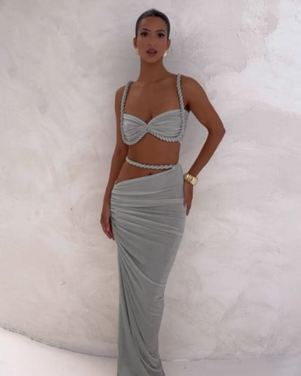 Gray ruched maxi dress with sweetheart neckline and rope trim cutout