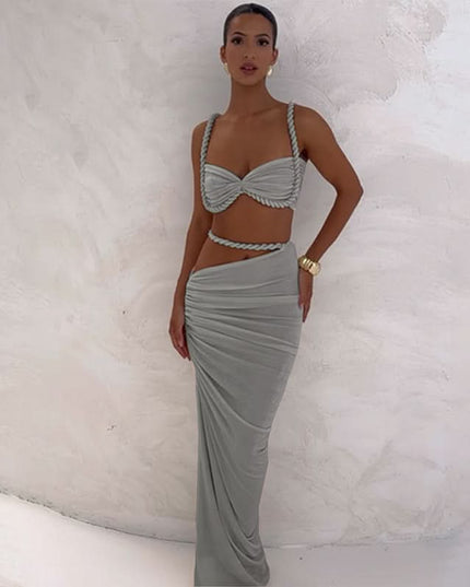 Silver gray cutout maxi set with rope-trimmed sweetheart crop top