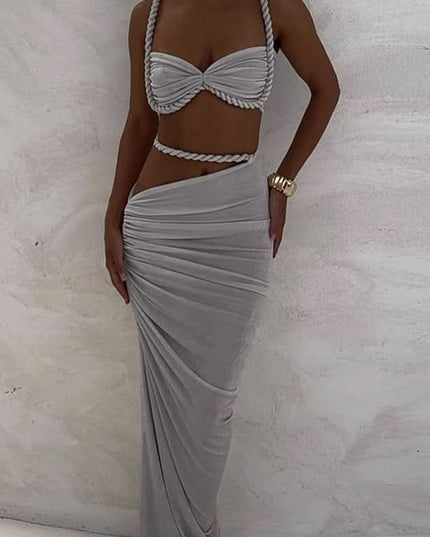 Light gray maxi dress with rope-trimmed sweetheart cutout and ruching detail