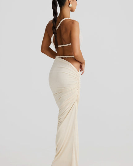Back view of cream rope maxi set showing open cutout design
