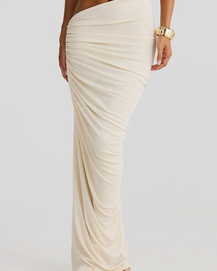 Cream ruched maxi skirt with rope waist detail from side