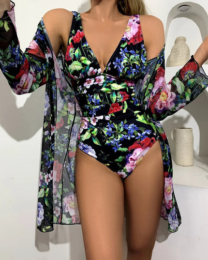 Black floral v-neck one piece swimsuit with multicolor flowers and sheer cover-up