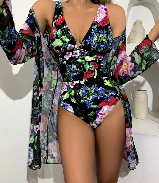 Black floral v-neck one piece swimsuit with multicolor flowers and sheer cover-up