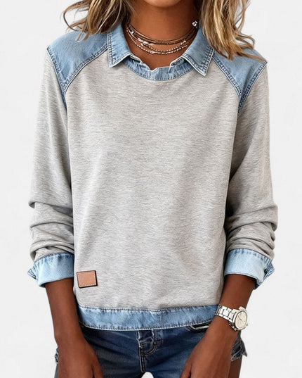 Women's Denim-Collar Raglan Knit Sweater Long Sleeve Pullover