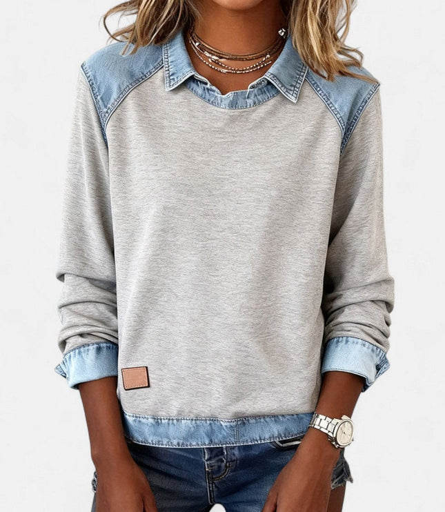 Women's Denim-Collar Raglan Knit Sweater Long Sleeve Pullover