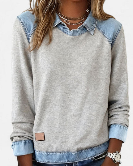 Women's Denim-Collar Raglan Knit Sweater Long Sleeve Pullover