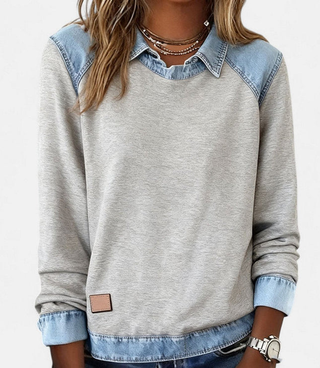Women's Denim-Collar Raglan Knit Sweater Long Sleeve Pullover