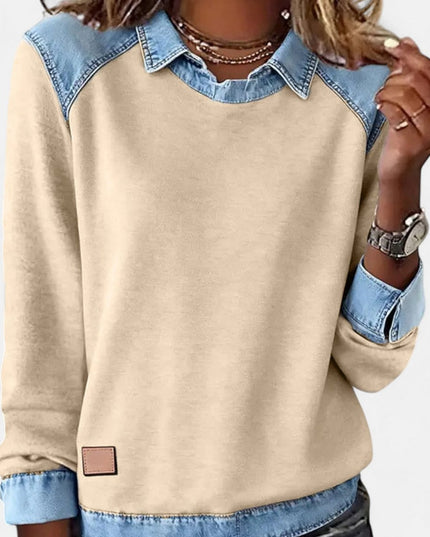 Women's Denim-Collar Raglan Knit Sweater Long Sleeve Pullover - Khaki