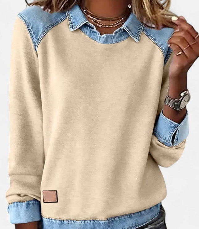 Women's Denim-Collar Raglan Knit Sweater Long Sleeve Pullover - Khaki