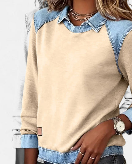 Women's Denim-Collar Raglan Knit Sweater Long Sleeve Pullover