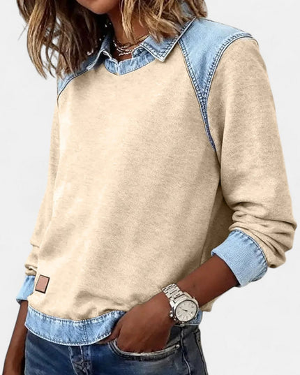 Women's Denim-Collar Raglan Knit Sweater Long Sleeve Pullover