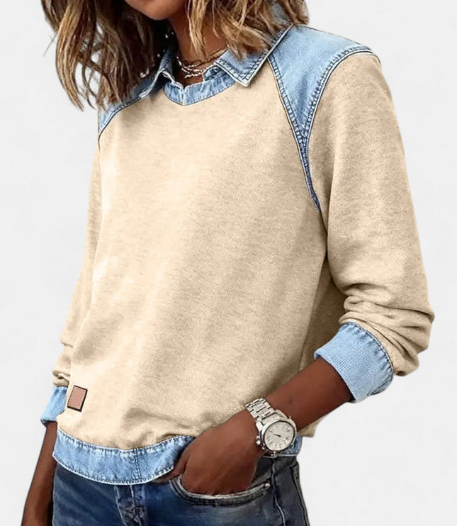 Women's Denim-Collar Raglan Knit Sweater Long Sleeve Pullover