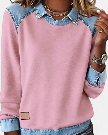 Women's Denim-Collar Raglan Knit Sweater Long Sleeve Pullover - Pink