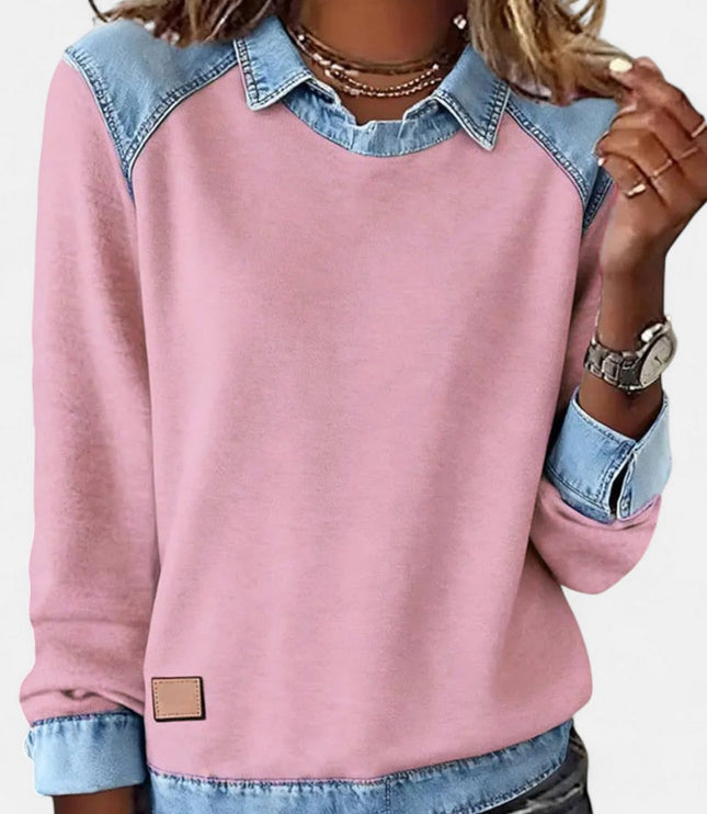 Women's Denim-Collar Raglan Knit Sweater Long Sleeve Pullover - Pink