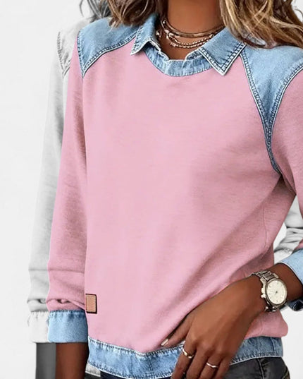Women's Denim-Collar Raglan Knit Sweater Long Sleeve Pullover