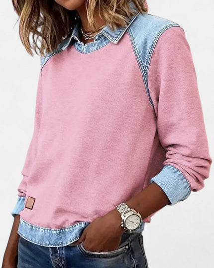 Women's Denim-Collar Raglan Knit Sweater Long Sleeve Pullover