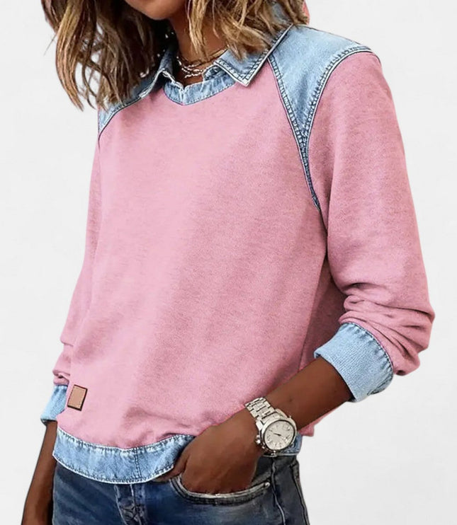 Women's Denim-Collar Raglan Knit Sweater Long Sleeve Pullover