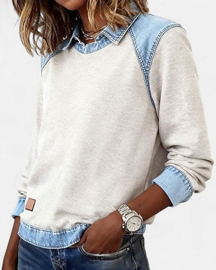 Women's Denim-Collar Raglan Knit Sweater Long Sleeve Pullover