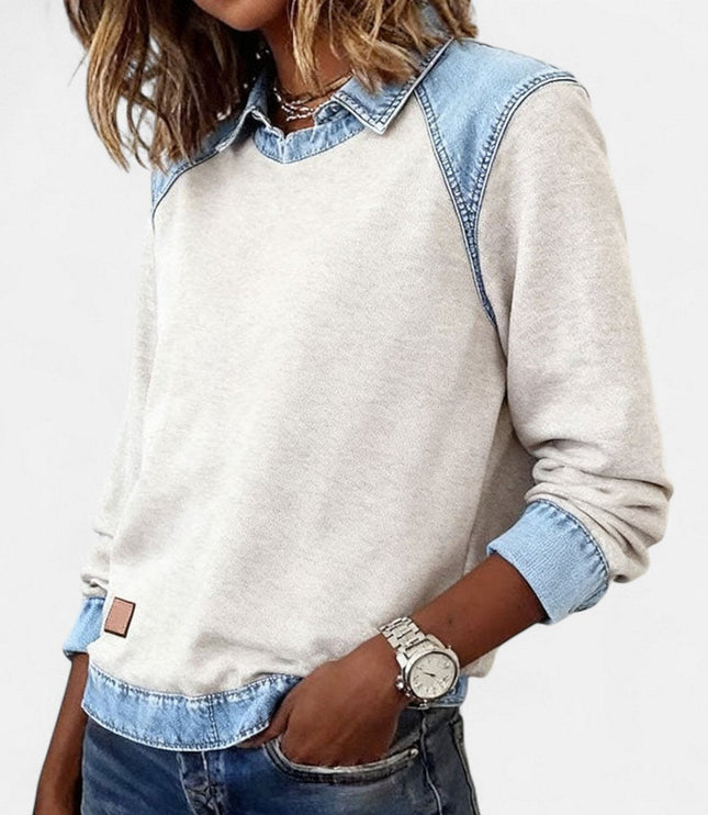 Women's Denim-Collar Raglan Knit Sweater Long Sleeve Pullover