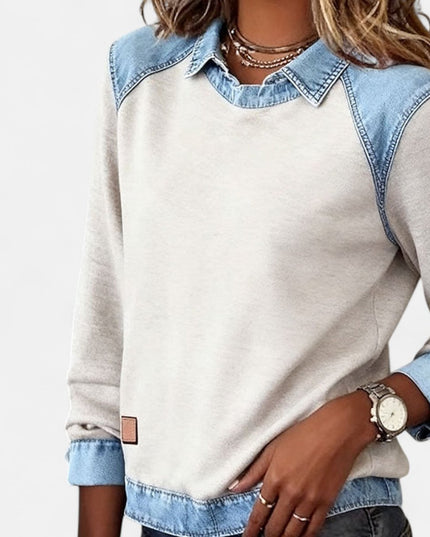Women's Denim-Collar Raglan Knit Sweater Long Sleeve Pullover