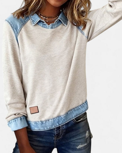 Women's Denim-Collar Raglan Knit Sweater Long Sleeve Pullover