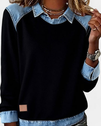 Women's Denim-Collar Raglan Knit Sweater Long Sleeve Pullover - Black
