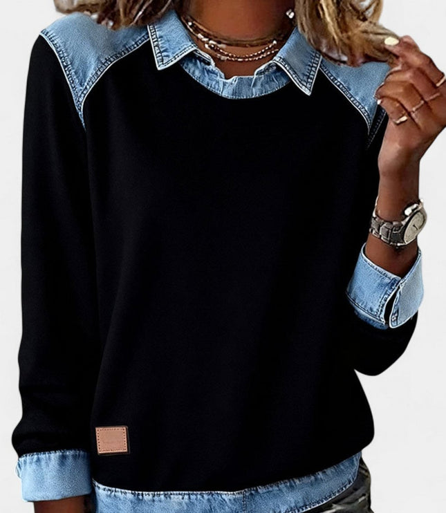 Women's Denim-Collar Raglan Knit Sweater Long Sleeve Pullover - Black