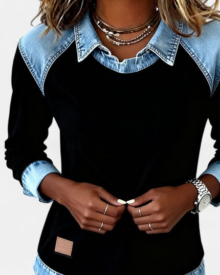 Women's Denim-Collar Raglan Knit Sweater Long Sleeve Pullover