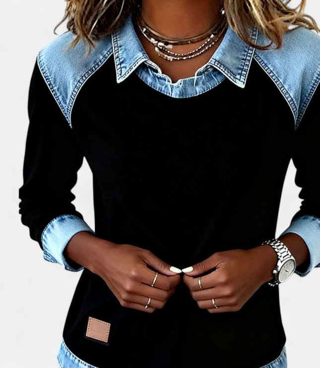 Women's Denim-Collar Raglan Knit Sweater Long Sleeve Pullover