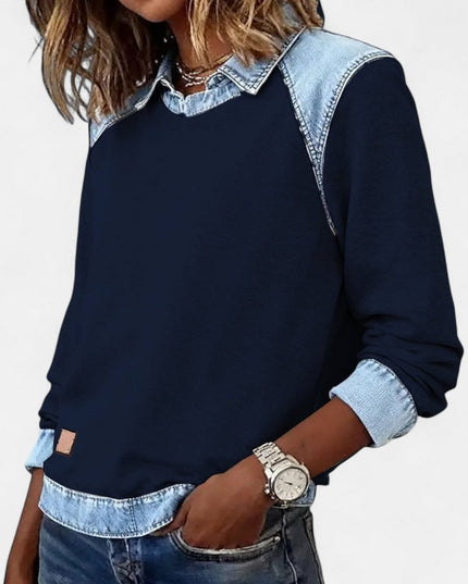 Women's Denim-Collar Raglan Knit Sweater Long Sleeve Pullover