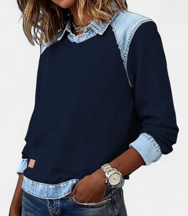 Women's Denim-Collar Raglan Knit Sweater Long Sleeve Pullover