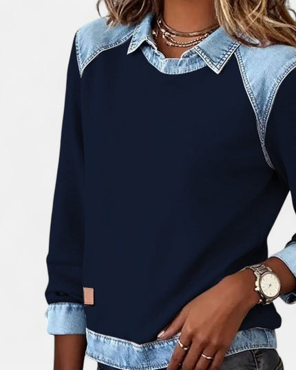 Women's Denim-Collar Raglan Knit Sweater Long Sleeve Pullover - Navy Blue