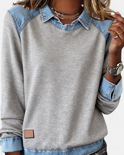 Women's Denim-Collar Raglan Knit Sweater Long Sleeve Pullover - Gray