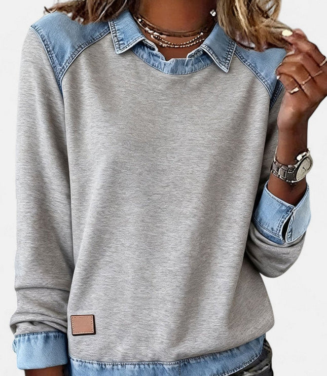 Women's Denim-Collar Raglan Knit Sweater Long Sleeve Pullover - Gray