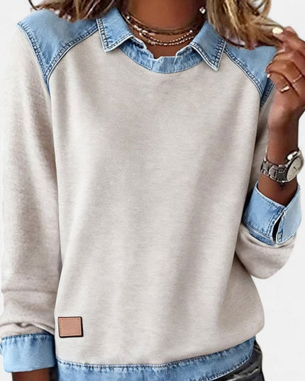 Women's Denim-Collar Raglan Knit Sweater Long Sleeve Pullover - Beige