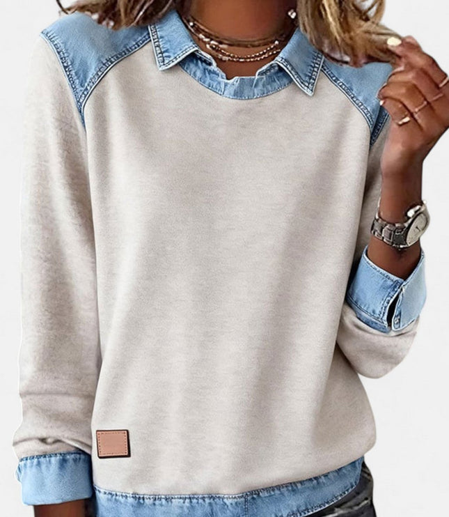 Women's Denim-Collar Raglan Knit Sweater Long Sleeve Pullover - Beige