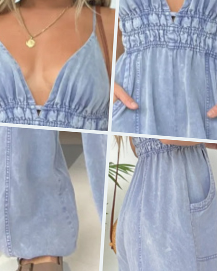 Light blue denim jumpsuit with v-neck and spaghetti straps, smocked waist detail