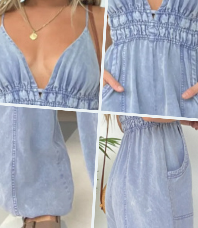 Light blue denim jumpsuit with v-neck and spaghetti straps, smocked waist detail