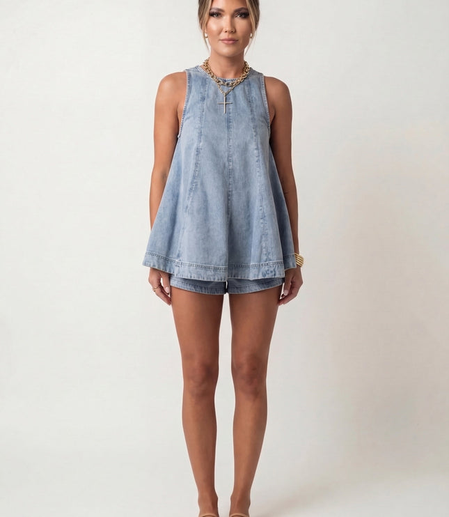 Light blue denim tank top and shorts two-piece set with A-line silhouette