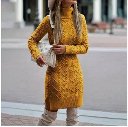 Women's Diamond And Rope Knitted Roll Neck Jumper Dress