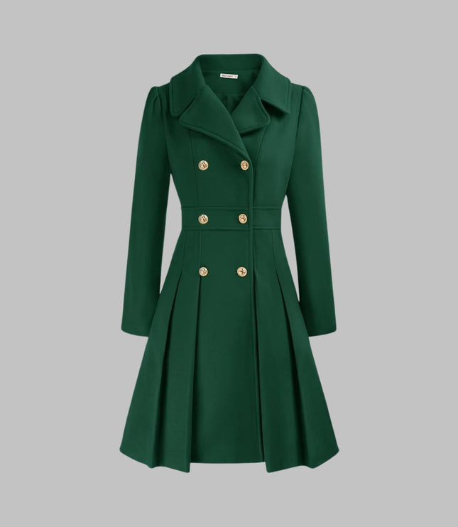 Women's Coat Double-Breasted Pleated A-Line Long Sleeve Overcoat