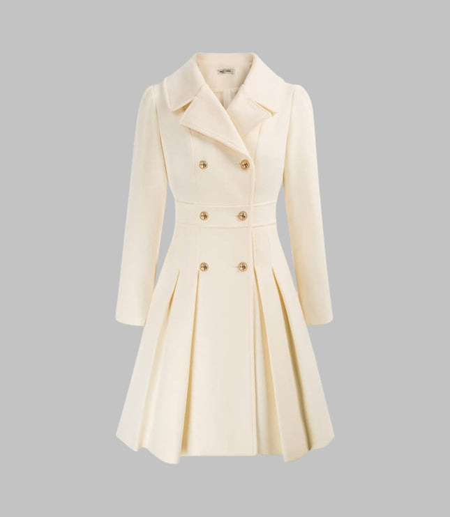 Women's Coat Double-Breasted Pleated A-Line Long Sleeve Overcoat - White