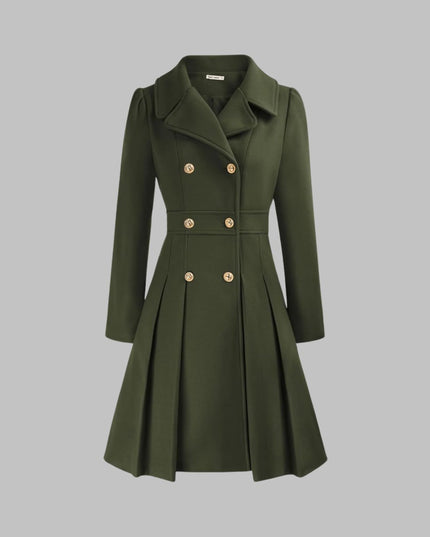 Women's Coat Double-Breasted Pleated A-Line Long Sleeve Overcoat - Army Green