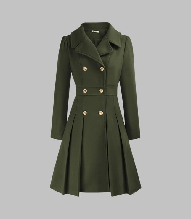 Women's Coat Double-Breasted Pleated A-Line Long Sleeve Overcoat - Army Green