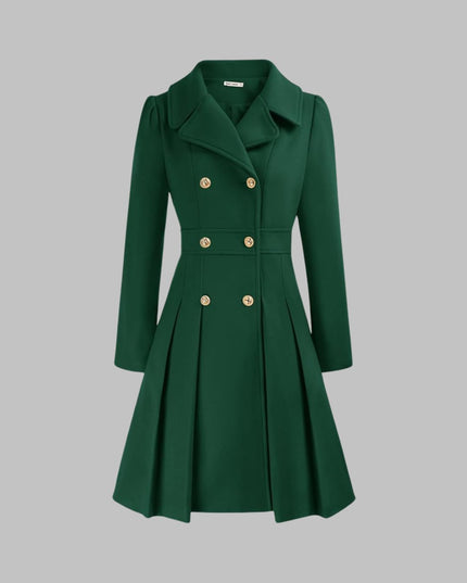 Women's Coat Double-Breasted Pleated A-Line Long Sleeve Overcoat - Dark Green