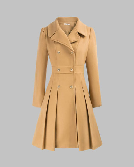 Women's Coat Double-Breasted Pleated A-Line Long Sleeve Overcoat - Teal